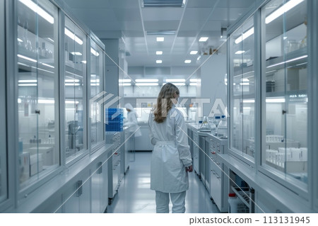 Scientist in a white lab coat and a mask is research in a lab 113131945