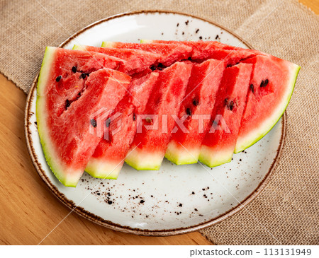 Pieces of watermelon served in a plate Pieces of watermelon served in a plate 113131949