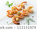 Grilled shrimps on white surface, garnished with fresh parsley and dill, offering a perfect blend of seafood and herbs 113131974