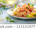 Sunlit grilled shrimp garnished with herbs and lemon on a white plate, blue background adding a fresh, maritime feel. 113131977