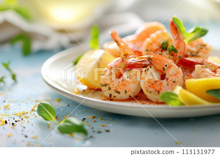 Sunlit grilled shrimp garnished with herbs and lemon on a white plate, blue background adding a fresh, maritime feel. 113131977