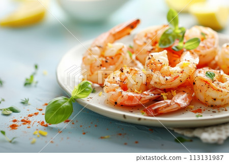 Grilled shrimp on a white plate with fresh basil and lemon on blue background 113131987