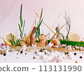 grilled shrimp on skewers with lemon slices, garnished with fresh herbs and spices on a light background. 113131990