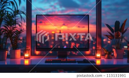 A computer monitor is on a desk with a city view in the background 113131991