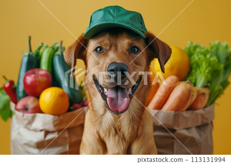 A dog is standing in front of a pile of fruits and vegetables A dog is standing in front of a pile of fruits and vegetables 113131994