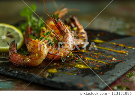 Close-up of charred shrimps with vibrant spices on a black slate, garnished with fresh herbs and lemon. Close-up of charred shrimps with vibrant spices on a black slate, garnished with fresh herbs and lemon. 113131995