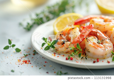 Freshly grilled shrimp adorned with herbs, sprinkled spices, and lemon accents on white plate Freshly grilled shrimp adorned with herbs, sprinkled spices, and lemon accents on white plate 113131998