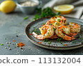 grilled shrimp on a speckled plate with herbs and lemon, evoking freshness and gourmet dining. 113132004