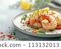 Lightly grilled shrimps on a pristine white plate, enhanced with fresh thyme, chili flakes, and a hint of lemon. 113132013
