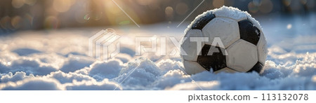 A soccer ball or football is sitting in the snow A soccer ball or football is sitting in the snow 113132078