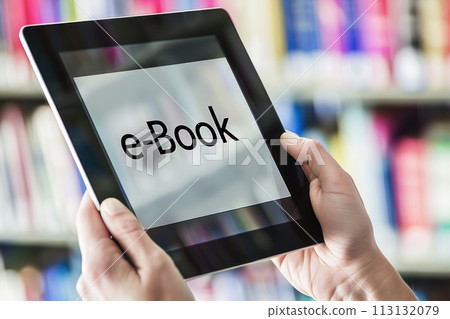 Media book library concept in tablet. Generative AI 113132079