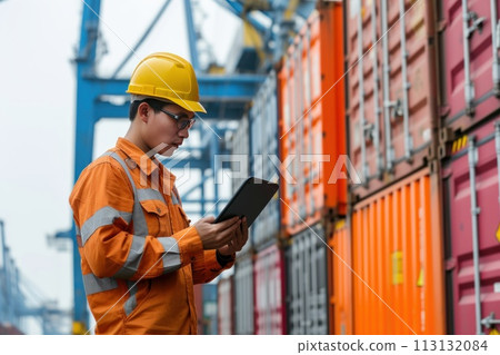 Engineer wearing uniform inspection and see detail on tablet with logistics container. Generative AI Engineer wearing uniform inspection and see detail on tablet with logistics container. Generative AI 113132084
