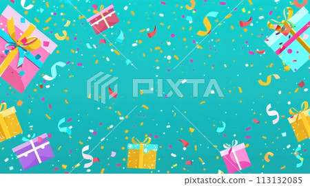 Banner flat design gift and confetti. Generative AI Banner flat design gift and confetti. Generative AI 113132085