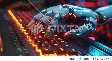A robotic hand is pointing to a glowing blue circle on a computer screen. futuristic technology 113132086