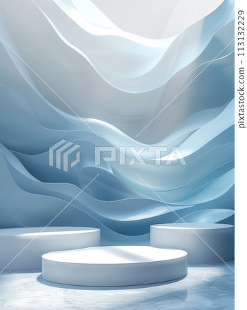 Podium and sculpture of a wave background. showcase and product concept 113132229