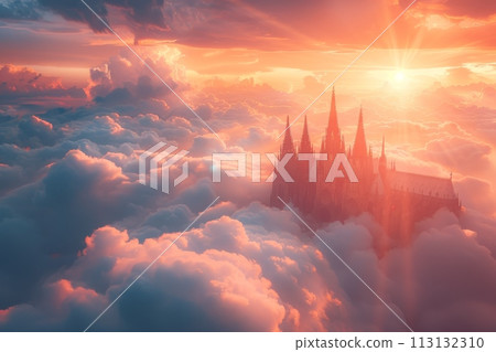 A castle is seen in the clouds with the sun shining on it A castle is seen in the clouds with the sun shining on it 113132310
