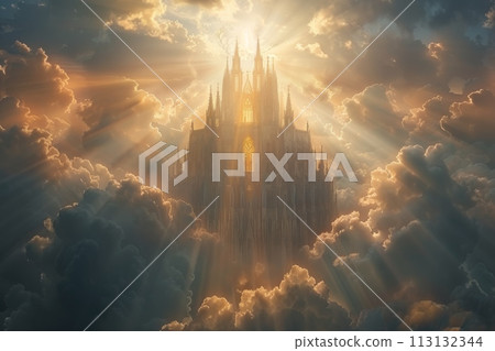 A castle is seen in the clouds with the sun shining on it A castle is seen in the clouds with the sun shining on it 113132344