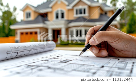 Architect marking blueprints for home renovation project. 113132444
