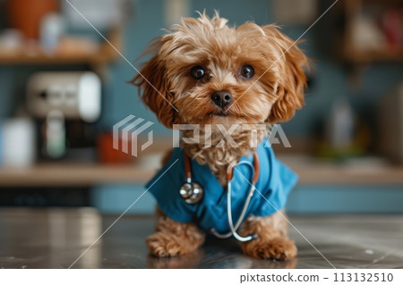 A small dog is wearing a blue doctor coat and a stethoscope A small dog is wearing a blue doctor coat and a stethoscope 113132510