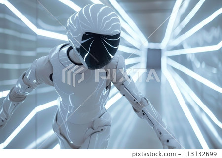 A robot is running in a futuristic setting A robot is running in a futuristic setting 113132699