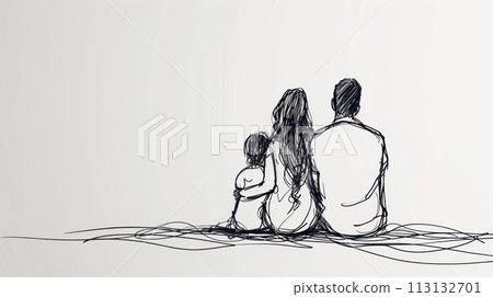 Line drawing A family of three sits on a blanket on the ground 113132701