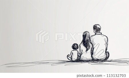 Line drawing A family of three sits on a blanket on the ground 113132703