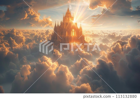 A castle is seen in the clouds with the sun shining on it A castle is seen in the clouds with the sun shining on it 113132880