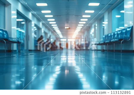 A hospital hallway with people sitting in chairs. Health care concept 113132891