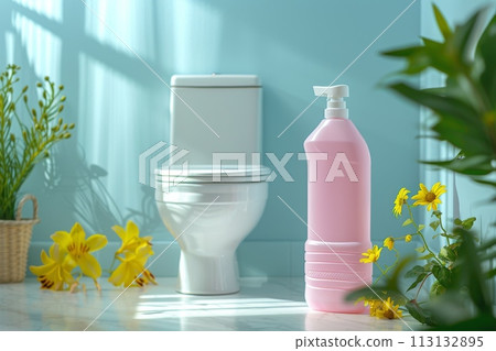 Mockup bottle of liquid is sitting on a counter next to a bowl 113132895