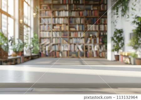 A white room with a wooden table and a shelf full of books 113132964