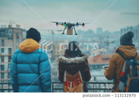 Two people are standing on a sidewalk, looking up at a drone flying overhead. logistic concept Two people are standing on a sidewalk, looking up at a drone flying overhead. logistic concept 113132970