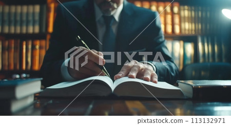 A lawyer in a suit is writing in a book A lawyer in a suit is writing in a book 113132971