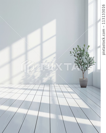 A white room with a large window and a potted plant 113133016