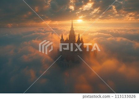 A castle is seen in the clouds with the sun shining on it A castle is seen in the clouds with the sun shining on it 113133026