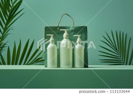 A table with three bottles of lotion and a small bag of flowers. cosmetic mockup 113133044