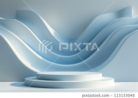 Podium and sculpture of a wave background. showcase and product concept 113133048