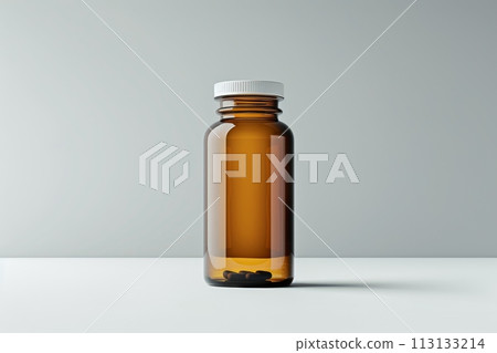 A Mockup jar of pills is sitting on a table. medical and healthy concept 113133214