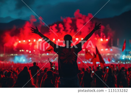 Soccer fan or football fan with flag at cheering while winning match. Generative AI 113133282