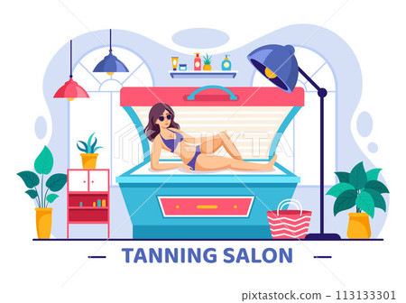 Tanning Salon Vector Illustration of Bed Procedure to Get Exotic Skin with Modern Technology at the Spa Solarium in Flat Cartoon Background 113133301