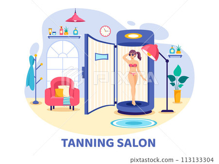 Tanning Salon Vector Illustration of Bed Procedure to Get Exotic Skin with Modern Technology at the Spa Solarium in Flat Cartoon Background 113133304