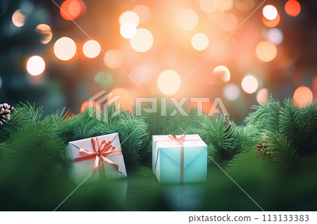 Gift boxes and Christmas tree branches on bokeh background. Generative AI 113133383