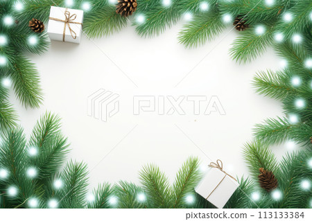 Christmas background with fir branches, gift boxes, and lights on a white background. Generative AI 113133384