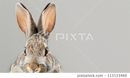 Close up of grey rabbit head isolated on gray background with copy space 113133460