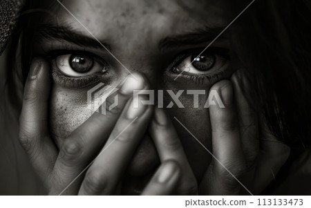 Girls eyes with hands partially covering the face, expressing a deep emotion or moment of reflection.Teenage loneliness 113133473