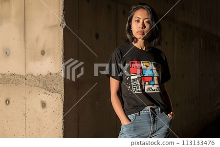 pixelated Graphic Tee. A model wearing a graphic t-shirt with a pixel art design pixelated Graphic Tee. A model wearing a graphic t-shirt with a pixel art design 113133476