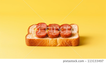 toast with sausage, pastel yellow background 113133497