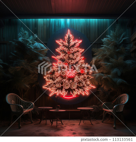 Christmas tree with lights in the room. 3D render illustration. Generative AI 113133561