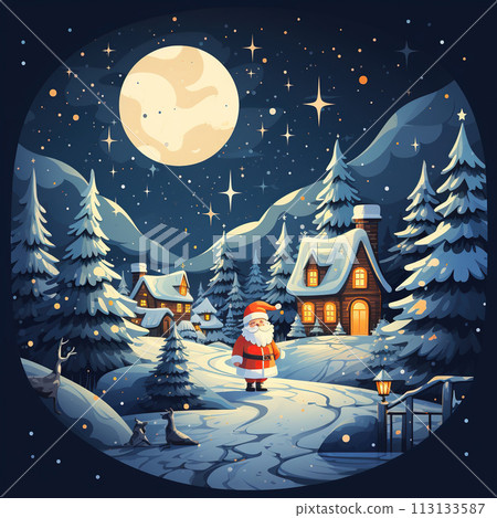 Santa Claus walking in the village at night. Cartoon vector illustration. Generative AI 113133587