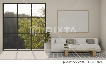 The interior design of a contemporary minimalist white living room features a cozy white couch. The interior design of a contemporary minimalist white living room features a cozy white couch. 113133696