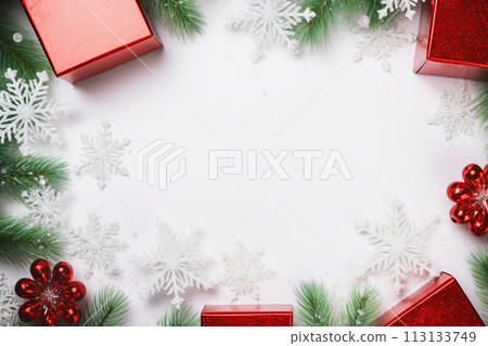 Christmas background with red gift boxes, fir branches, and snowflakes on a white background. Generative AI 113133749